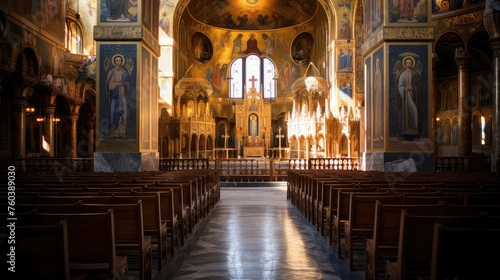 stained interior church building illustration glass nave, organ candles, crucifix choir stained interior church building