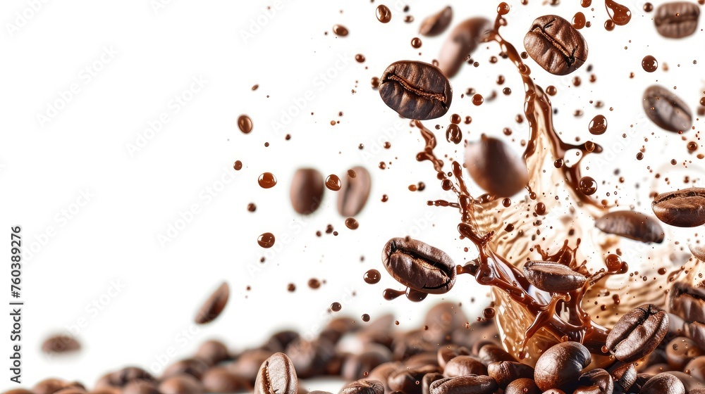 Fototapeta premium Caffeine Burst. Coffee Splash with Scattered Coffee Beans on a Clean White Background