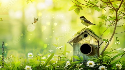 Bird on nature with wooden home © EMRAN