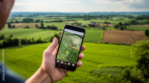modern farmer using a mobile phone in the field,  a person holding a smartphone in his crops with a map of the land..  a modern agriculture concept,