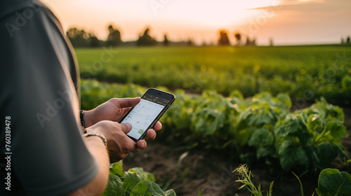 modern farmer using a mobile phone in the field,  a person using a smartphone in his crops in the morning. IOT irrigation system controlled by a smartphone, a modern agriculture concept, photo