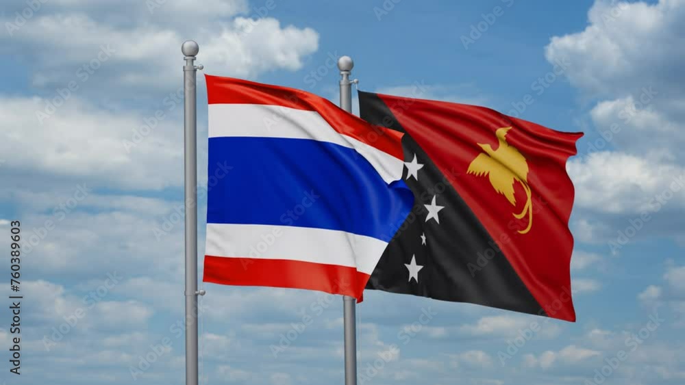 Papua New Guinea and Thailand two flags waving together, looped video, two country relations concept Papua New Guinea and Thailand two flags waving together, looped video, two country relations concept
