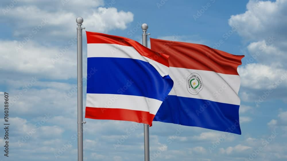 Paraguay and Thailand two flags waving together, looped video, two country relations concept Paraguay and Thailand two flags waving together, looped video, two country relations concept