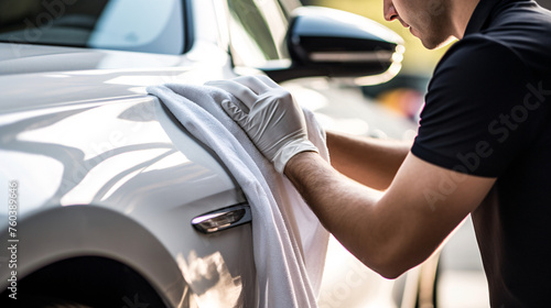 An auto detailer hand polishing  paint surface of a shiny white car, Car detailing, and polishing concept, a person holds the microfiber in hand and polishes the car