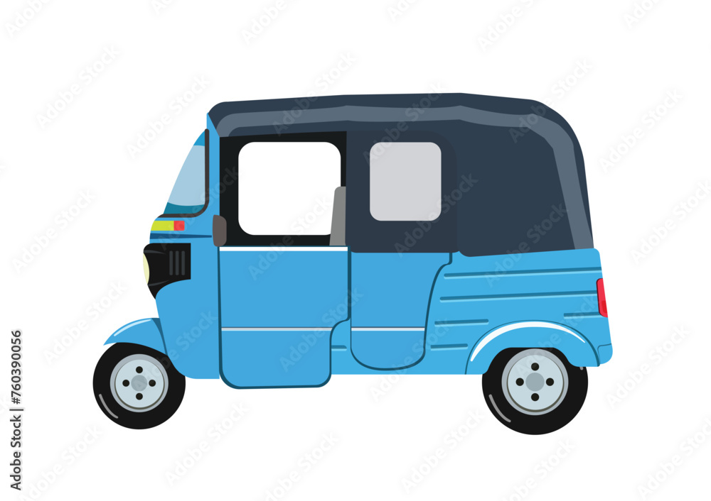 Fototapeta premium Bajai is a three-wheeled motorized vehicle that is widely used in Jakarta. Public transportation is transportation between regions with a predetermined route. Flat vector illustration.