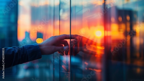 Man's hand open the door of a modern office building at sunset