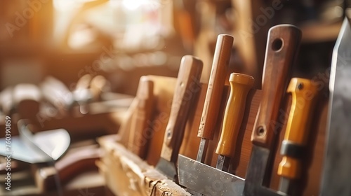 Close-up of woodworking hand tools, including chisels and a saw, with wooden handles lined up on a sunlit workshop shelf. The concept focuses on traditional craftsmanship photo