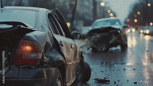 Vehicle collision scene on a wet city street at dusk, with a close-up of a damaged silver car and another wrecked car in the background. Highlights road safety and accident aftermath. photo