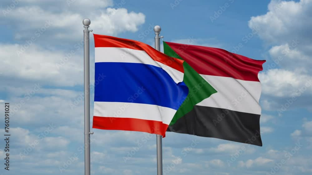 Sudan and Thailand two flags waving together, looped video, two country cooperation concept Sudan and Thailand two flags waving together, looped video, two country cooperation concept