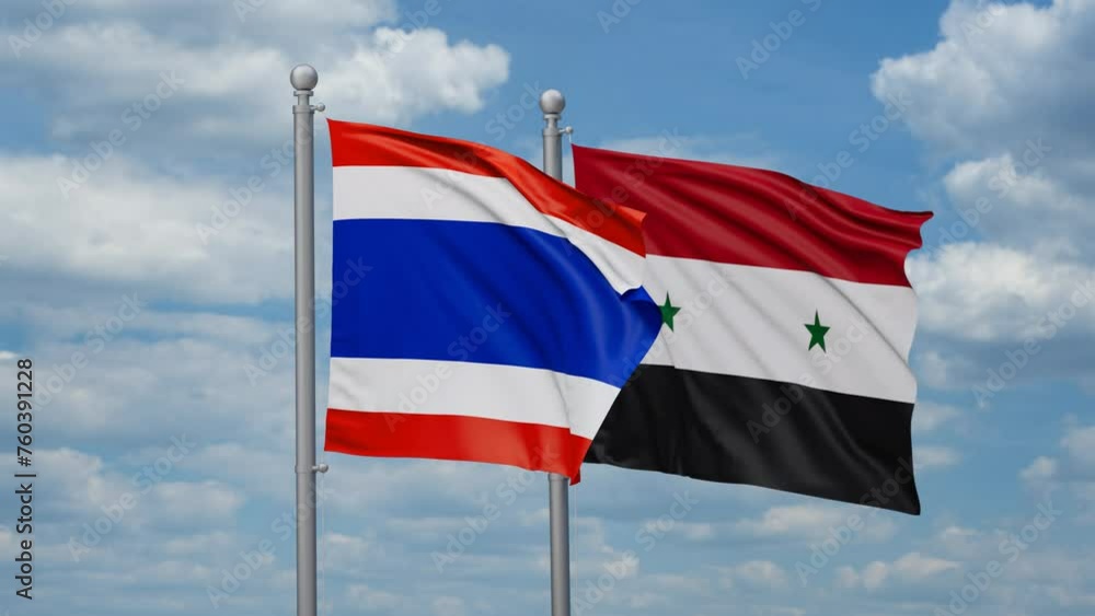 Syrian Arab Republic, Syria and Thailand two flags waving together, looped video, two country cooperation concept Syrian Arab Republic, Syria and Thailand two flags waving together, looped video, two country cooperation concept
