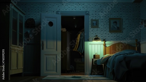 Glowing eyes in the darkness of a haunted bedroom, eerie whispers fill the air photo