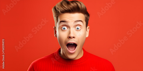 Portrait of a shocked young man, with his mouth open in surprise, isolated on a red background with a dashed background. Concept discount, sale banner, bargain offer photo