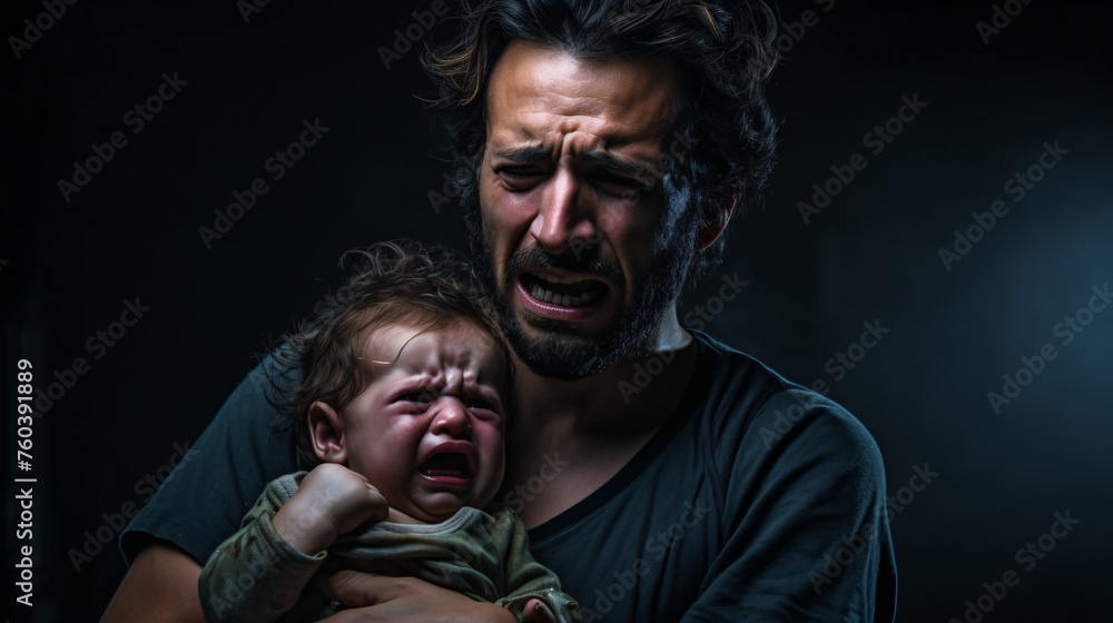 Obraz premium Portrait of a man and a baby crying together in pain, crying and holding an injured baby, father's affection to a child concept