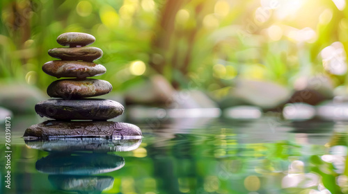 Serene zen stones stack by water