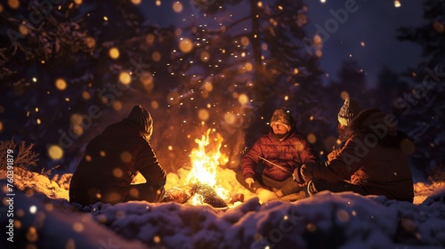Friends building a cozy campfire on a snowy evening, with the warmth of the flames lighting up their faces.