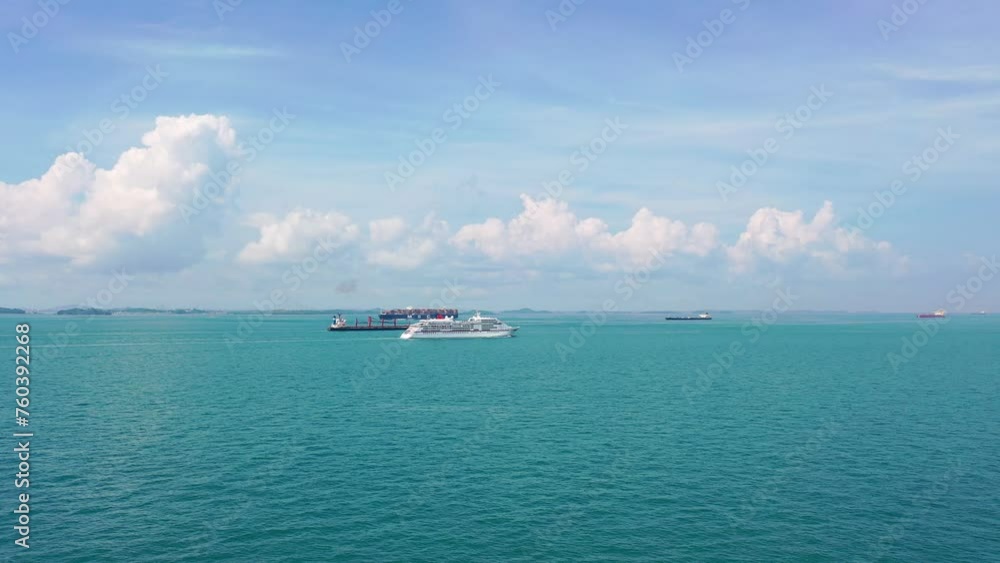 Aerial shot of cruise ship sailing, Singapore Straits, Singapore Aerial shot of cruise ship sailing, Singapore Straits, Singapore