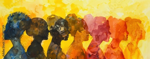 Empowering Diversity. International Womens Day 2024 Greeting Card Featuring Watercolor Silhouettes of Beautiful Women on Yellow Background