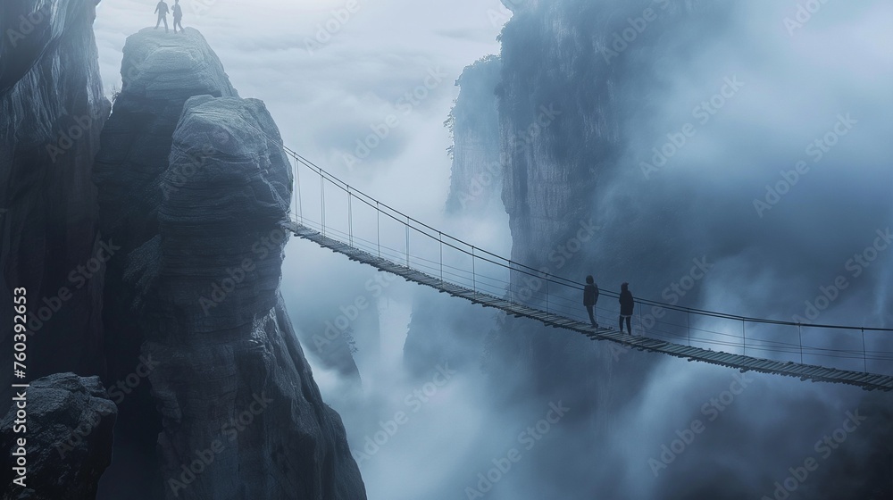 Friends crossing a wobbly suspension bridge, high above a breathtaking canyon filled with swirling mist. - obrazy, fototapety, plakaty 