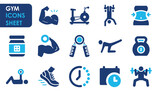 Gym and fitness icon set. Containing healthy lifestyle, weight training, body care and so on. Flat gym icon designs.