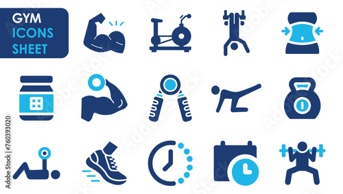 Gym and fitness icon set. Containing healthy lifestyle, weight training, body care and so on. Flat gym icon designs.