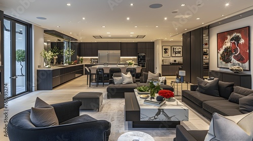 Elegant Open Floor Plan Living Room with Chic Contemporary Kitchen Modern Luxury and Refinement