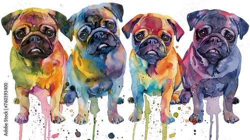 serene neon glow: cute pugs sitting in harmony, captured in vibrant watercolor