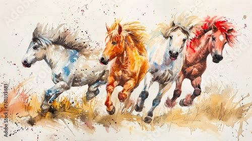 joyful galloping ponies in the countryside