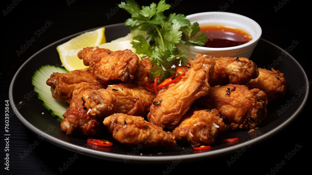 fried chicken dish, chicken wings with soy sauce on a black plate.