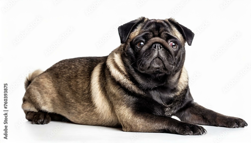 young Pug Dog - Canis familiaris lupus - cute adorable tan and black color isolated on white background laying down looking at camera