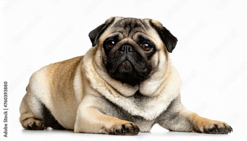 young Pug Dog - Canis familiaris lupus - cute adorable tan and black color isolated on white background laying down looking at camera