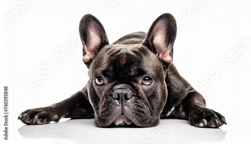 French Bulldog frenchie - Canis lupus familiaris - cute adorable grey color young adult isolated on white background laying on floor looking at camera front face view © Chase D’Animulls