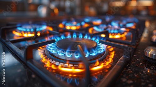 burning gas burners closeup