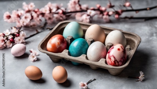 Stylish Easter eggs and spring flowers on rustic table. Happy Easter! Natural dye marble eggs in tray and cherry blossoms. Happy Easter! Holiday minimal still life