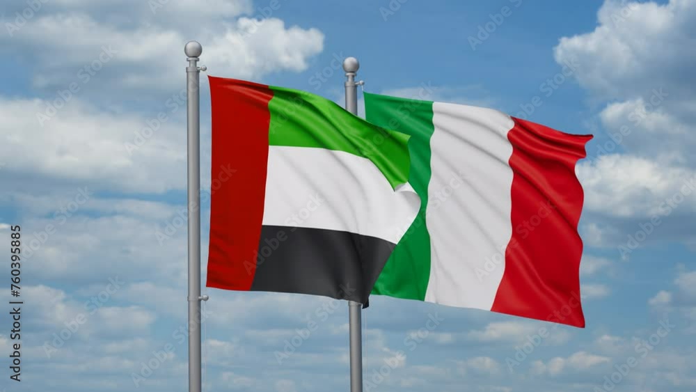 Italy and United Arab Emirates or UAE two flags waving together, looped video, two country cooperation concept Italy and United Arab Emirates or UAE two flags waving together, looped video, two country cooperation concept