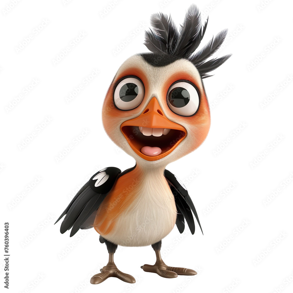 Fototapeta premium Angled view of a 3D cartoon illustration of cute Hoopoe smiling excitedly isolated on a white transparent background
