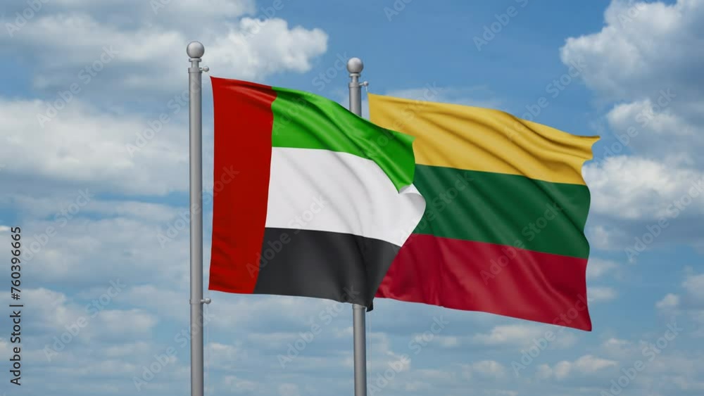 Lithuania and United Arab Emirates or UAE two flags waving together, looped video, two country relations concept Lithuania and United Arab Emirates or UAE two flags waving together, looped video, two country relations concept