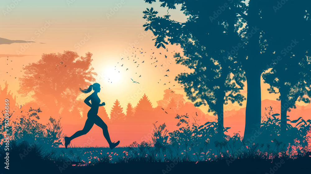 Fototapeta premium Silhouette of a woman running in a tranquil forest during a beautiful sunset
