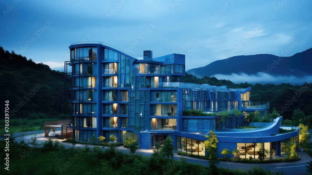 Obraz premium luxury blue hotel building illustration design modern, facade entrance, lobby rooms luxury blue hotel building