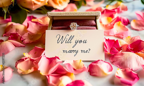 A romantic marriage proposal setup with a diamond engagement ring in a box surrounded by soft pink rose petals and a Will you marry me? note