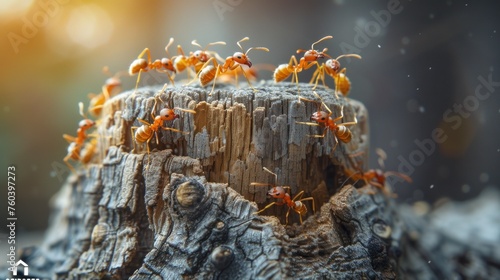 Team of ants constructing wooden house photo