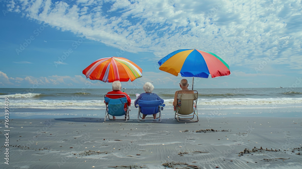 Senior people are sitting under umbrellas on a sandy beach, enjoying the shade and the view of the sea