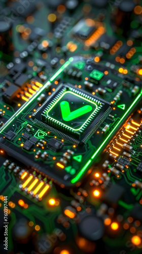 Smartphone on a circuit board displaying a green checkmark, representing a successful system update or secure digital verification process