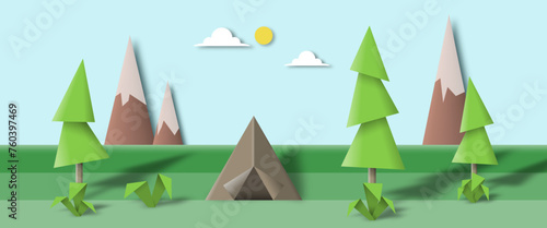 Illustration in vector format with scenery / scape and a camp in the outdoor background among nature in the style of papercut 