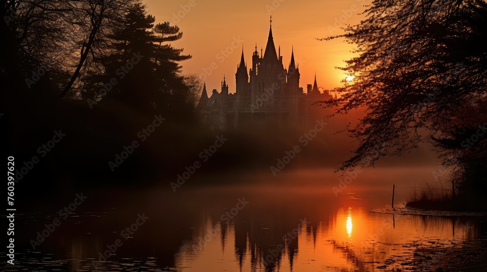 Obraz premium medieval gothic castle building illustration fortress stone, tower moat, battlements turrets medieval gothic castle building