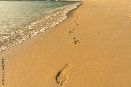 Footprints on the beach with sunny.Small sand molding of the wind crab on the natural beach sand