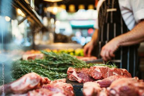 a butcher at work with meat and his market as background © Igor