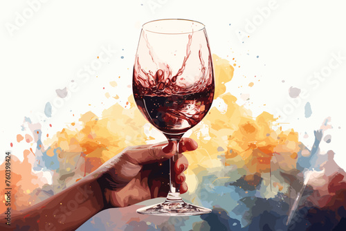 Pair of red wine glasses on the beach. Artistic watercolor draw.