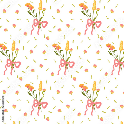 Seamless pattern with wild flowers. Summer floral background in retro style. Decorated backdrop for wallpaper and fabric with a bouquet. For bed linen, fabric and clothing. Vector illustration © vladaray