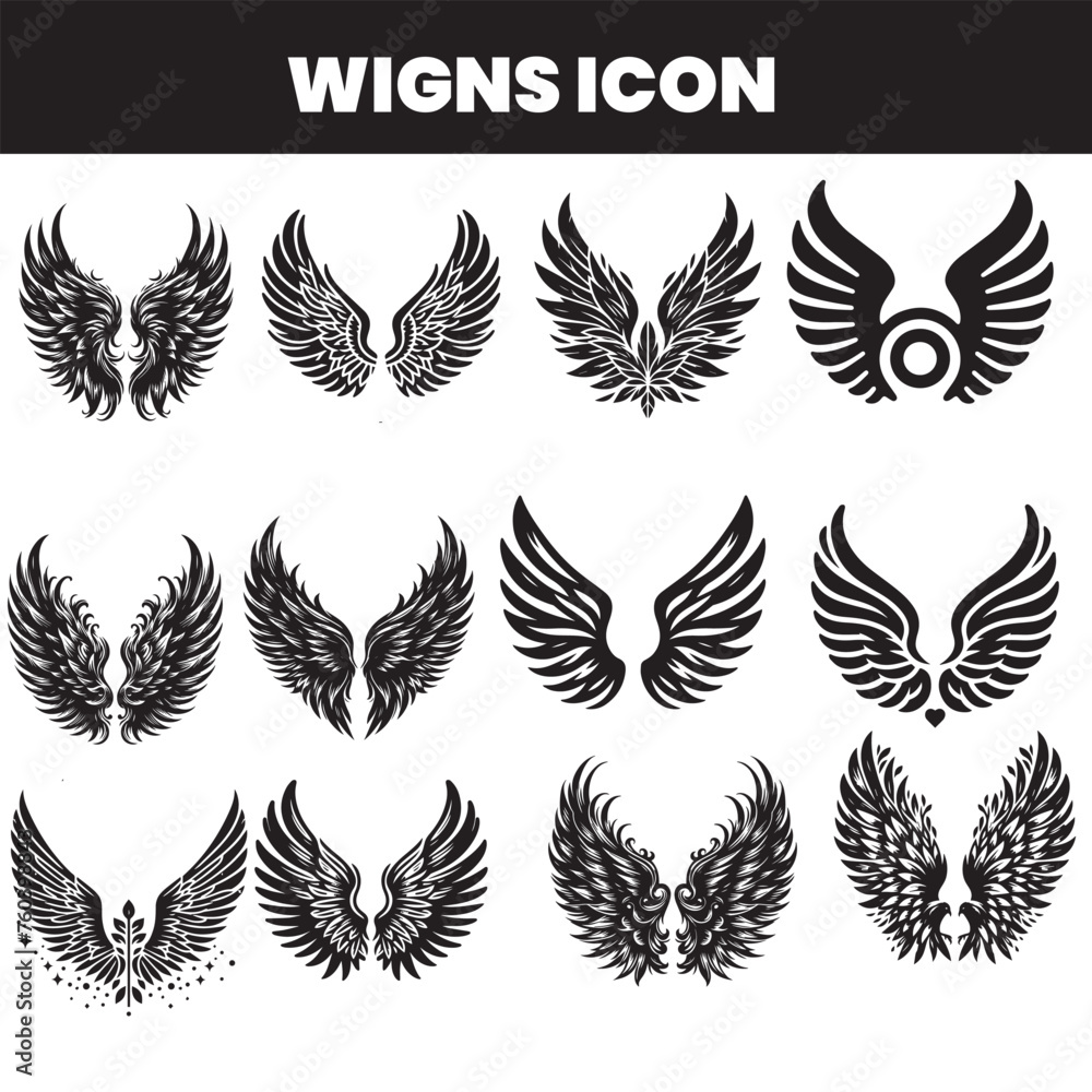Set of black wings icons. Wings badges. Collection wings badges. Vector ...