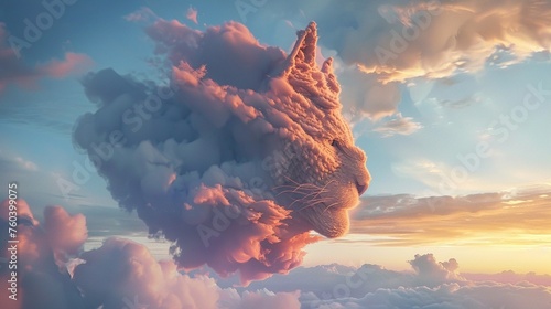 3D Illustrate of A majestic cloud formation taking the shape of an animal wearing a mystical mask